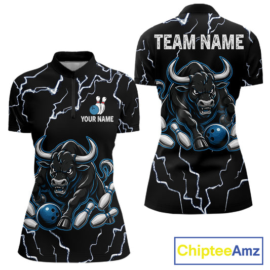 Blue bull lightning bowling quarter zip shirt for women built for tournaments and league play.