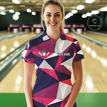 Load image into Gallery viewer, Woman wearing a geometric bowling tournament polo shirt at a bowling alley front view.