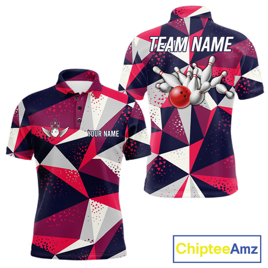 Geometric bowling tournament polo shirt for men with custom bowling league graphics.