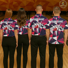Load image into Gallery viewer, Back view of bowling team wearing matching geometric bowling shirts in a bowling alley.