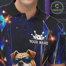 Load image into Gallery viewer, Close-up of the personalized funny crystal bulldog bowling team jersey polo shirt showing the collar, buttons, premium performance fabric and detailed crystal bulldog graphics.