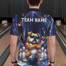 Load image into Gallery viewer, Man wearing personalized funny crystal bulldog bowling team jersey polo shirt featuring crystal bulldog artwork, back view.