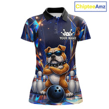 Load image into Gallery viewer, Personalized funny crystal bulldog bowling team jersey polo shirt for women featuring a colorful crystal bulldog design, premium custom bowling league apparel for tournaments and competitive bowling teams.