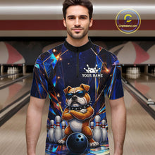 Load image into Gallery viewer, Man wearing personalized funny crystal bulldog bowling team jersey quarter zip shirt featuring crystal bulldog artwork, front view.