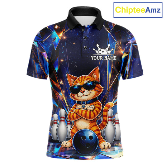 Personalized funny crystal cat bowling team jersey polo shirt for men featuring sparkling crystal cat artwork, premium custom bowling league apparel and unique bowling gifts for tournaments and league play.
