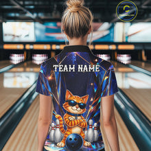 Load image into Gallery viewer, Woman wearing personalized funny crystal cat bowling team jersey quarter zip shirt featuring crystal cat artwork, front view.