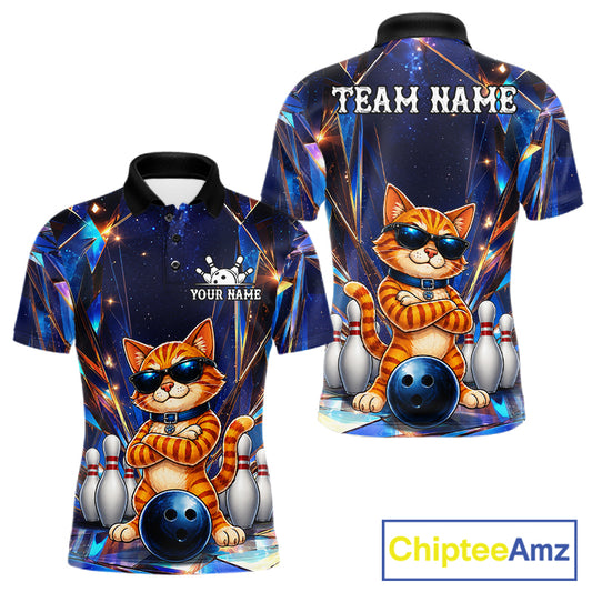 Personalized funny crystal cat bowling team jersey polo shirt for men featuring sparkling crystal cat artwork, premium custom bowling league apparel and unique bowling gifts for tournaments and league play.