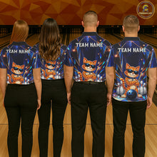 Load image into Gallery viewer, Bowling team wearing matching personalized funny crystal cat bowling team jerseys featuring premium crystal cat graphics, back view.