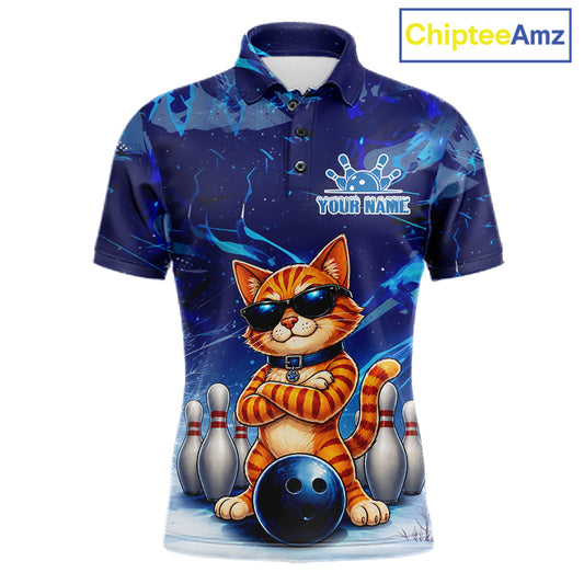 Personalized blue funny cat bowling team jersey polo shirt for men featuring a playful blue cat design, premium custom bowling league apparel and unique bowling gifts for tournaments and league play.