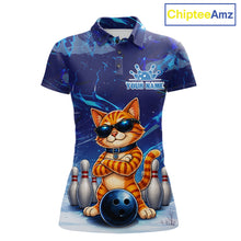 Load image into Gallery viewer, Personalized blue funny cat bowling team jersey polo shirt for women featuring a playful blue cat design, premium custom bowling league apparel and unique bowling gifts for tournaments and league play.