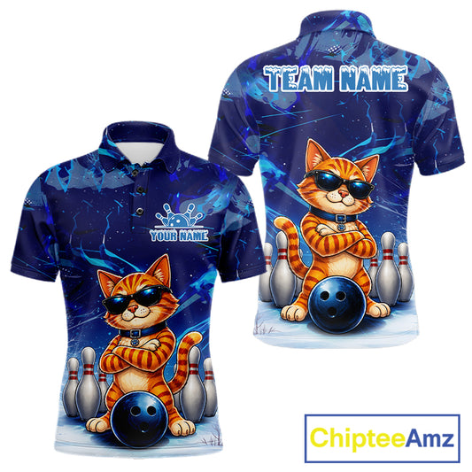 Personalized blue funny cat bowling team jersey polo shirt for men featuring a playful blue cat design, premium custom bowling league apparel and unique bowling gifts for tournaments and league play.