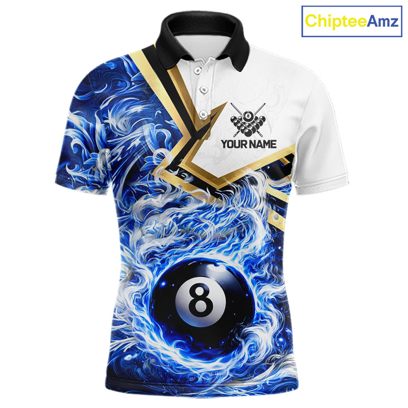 Blue 8 Ball Flame Smoke Golden Billiard Shirt For Men Custom Pool Team Jersey Polo & 1/4 Zip TDM5735