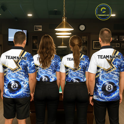 Blue 8 Ball Flame Smoke Golden Billiard Shirt For Men Custom Pool Team Jersey Polo & 1/4 Zip TDM5735