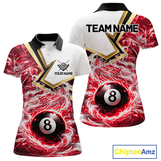Red 8 Ball Flame Smoke Golden Billiard Shirt For Women Custom Pool Team Jersey Polo & 1/4 Zip TDM5736