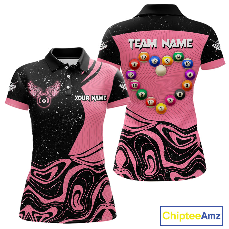 Black And Pink Funny Pool Balls Heart Billiard Shirt For Women Custom Valentine Billiard Jersey TDM5741