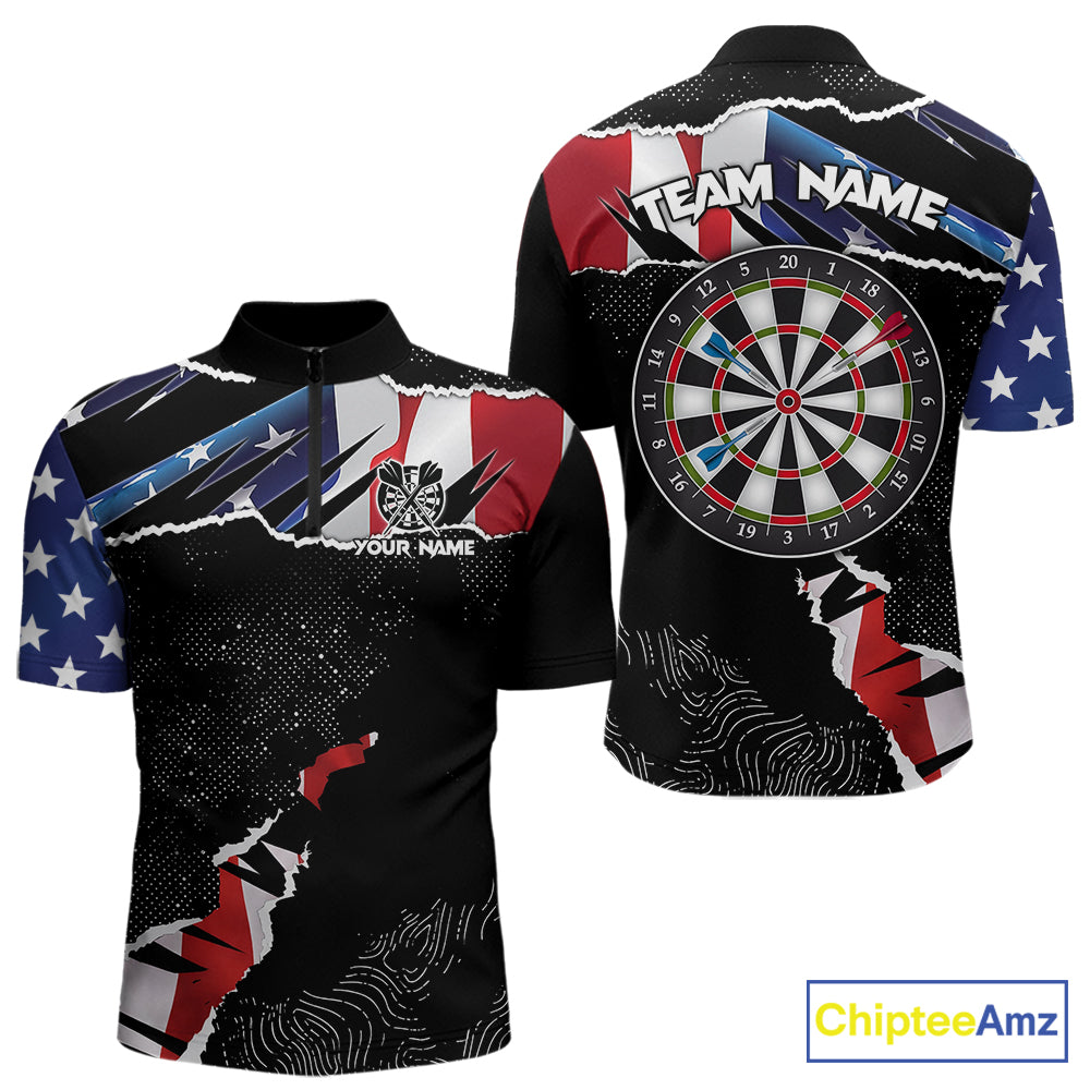 Custom Grunge American Flag Darts Shirt For Men, Patriotic Darts Team Jersey Polo & 1/4 Zip TDM5929