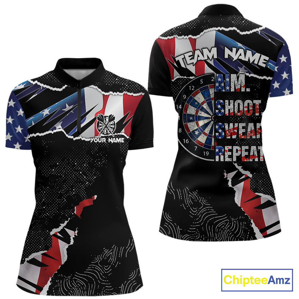 American Flag Aim Shoot Swear Repeat Darts Shirt For Women Custom Darts Jersey Team Polo & 1/4 Zip TDM5930