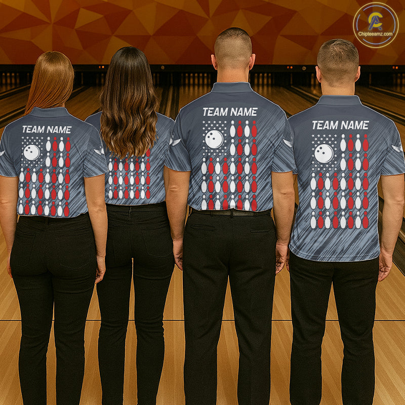 Personalized US Flag Grey Bowling Shirt For Men, Patriotic Bowling Team Jersey Polo & 1/4 Zip TDM6087