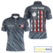 Load image into Gallery viewer, Personalized US Flag Grey Bowling Shirt For Men, Patriotic Bowling Team Jersey Polo &amp; 1/4 Zip TDM6087