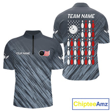 Load image into Gallery viewer, Personalized US Flag Grey Bowling Shirt For Men, Patriotic Bowling Team Jersey Polo &amp; 1/4 Zip TDM6087