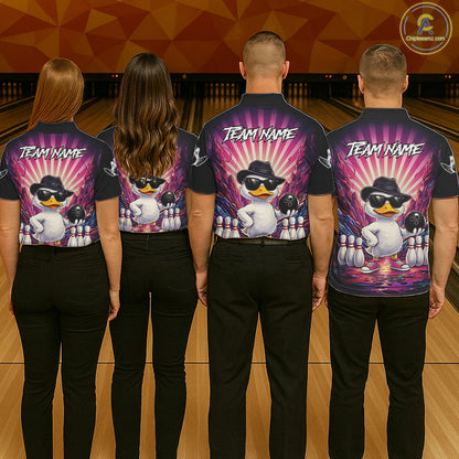 Pink Funny Duck Bowling Jersey For Men Custom Graffiti Bowling Shirt Team Polo & 1/4 Zip Shirt TDM6094