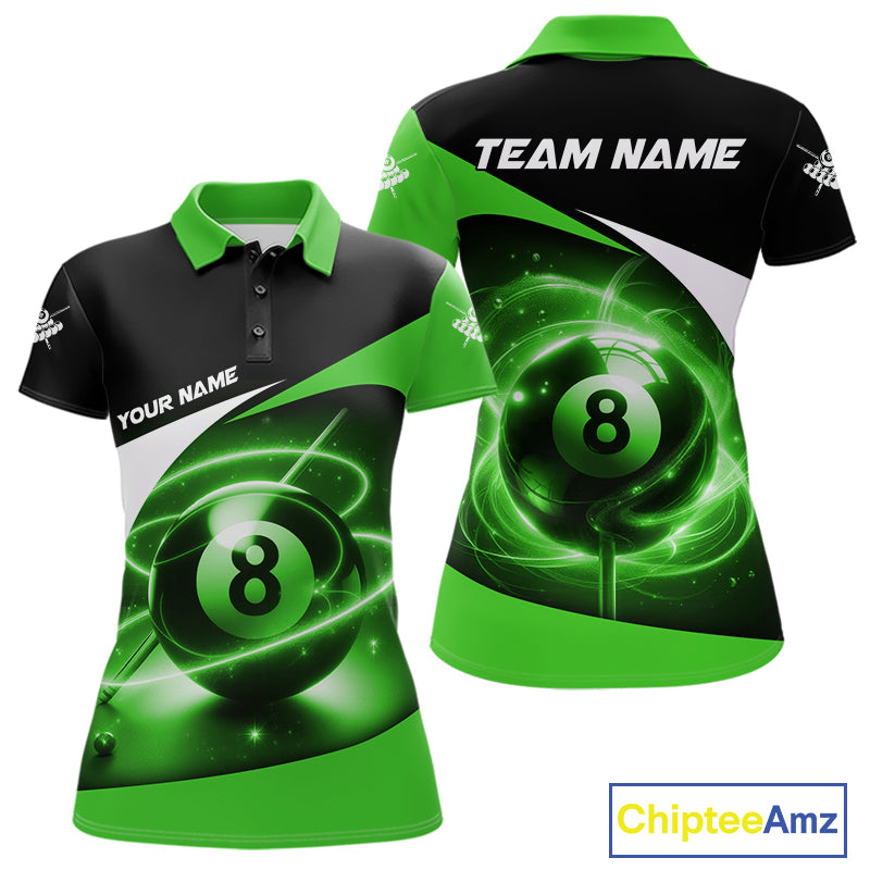 Green 8 Ball Pool Billiard Shirt For Women Custom Glowing Billiard Team Jersey Polo & 1/4 Zip TDM6342
