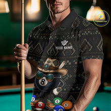 Load image into Gallery viewer, Man wearing an 8 ball tribal pattern billiard jersey beside a pool table front view.