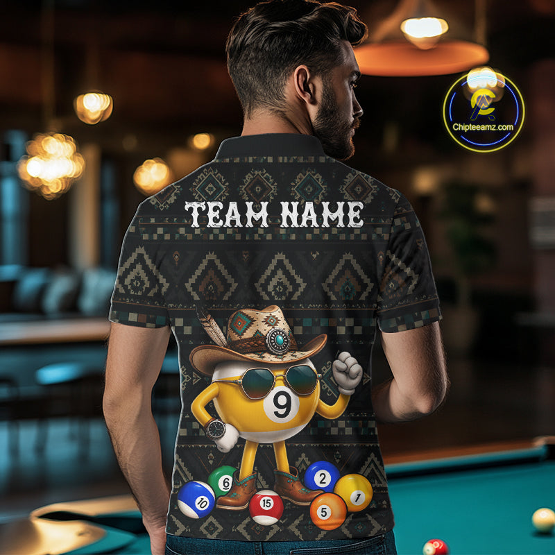 Back view of man wearing an 8 ball and 9 ball tribal pattern pool shirt in a billiards hall.