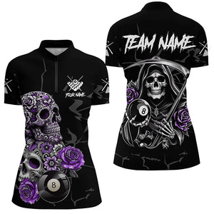 Personalized Purple Funny Skull Roses 8 Ball Billiard Shirts For Women Custom Pool Team Shirts Design TDM2756