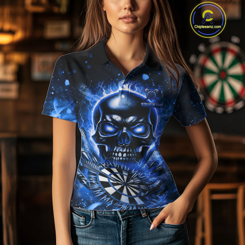Blue Flaming Skull Dartboard Shirt For Women Custom Darts League Team Jersey Polo & Quarter Zip TDM5011