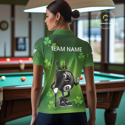 Green Funny 8 Ball Pool Shamrock Women's Billiard Shirt Custom St Patrick Day Billiard Team Jersey TDM5476