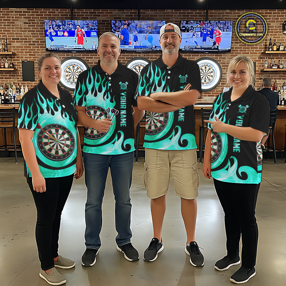 Black And Turquoise Flame Light Darts Polo & 1/4 Zip For Men Custom Darts League Team Jersey TDM5479