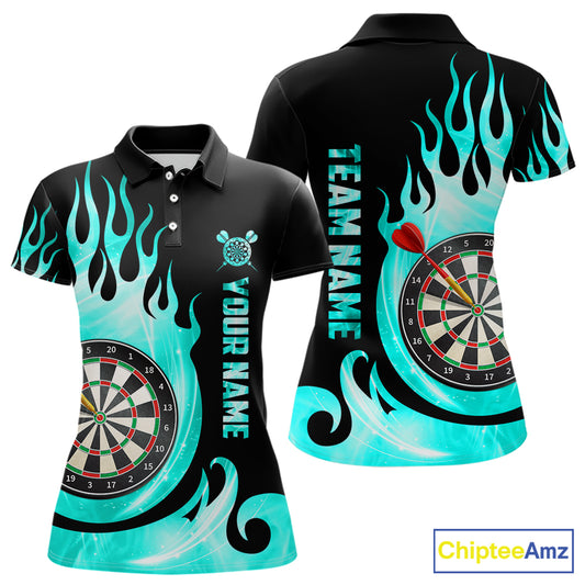 Black And Turquoise Flame Light Darts Polo & 1/4 Zip For Women Custom Darts League Team Jersey TDM5479