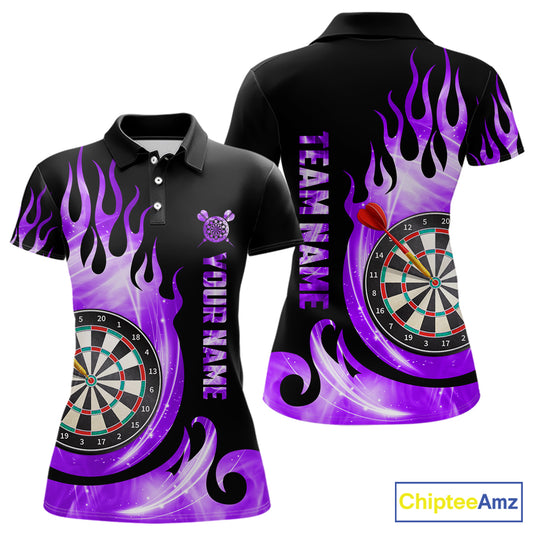 Black And Purple Custom Flame Light Darts Polo & 1/4 Zip For Women, Darts League Team Jersey TDM5480