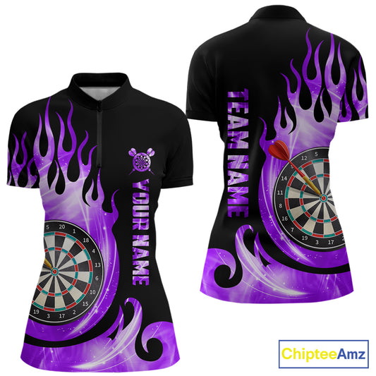 Black And Purple Custom Flame Light Darts Polo & 1/4 Zip For Women, Darts League Team Jersey TDM5480