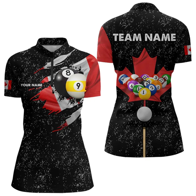 Custom Black Grunge Canada Flag 8 Ball & 9 Ball Billiard Shirts For Women, Patriotic Billiard Jerseys TDM3434