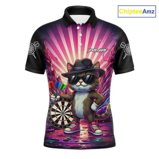 Pink Funny Cat Dartboard Neon Graffiti Darts Shirt For Men Custom Darts Jersey Team Polo & 1/4 Zip TDM5744