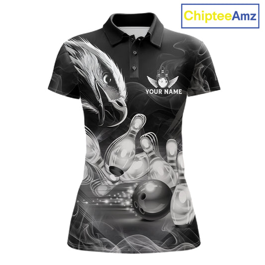 Black And White Custom Eagle Smoke Bowling Shirt For Women, Bowling Team Jersey Polo & 1/4 Zip TDM6356