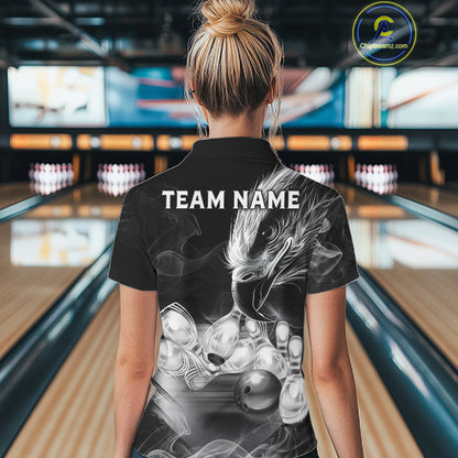 Black And White Custom Eagle Smoke Bowling Shirt For Women, Bowling Team Jersey Polo & 1/4 Zip TDM6356