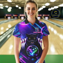 Load image into Gallery viewer, Neon Blue Purple Custom Panther Bowling Shirt For Women, Glowing Bowling Team Jersey Polo &amp; 1/4 Zip TDM6358