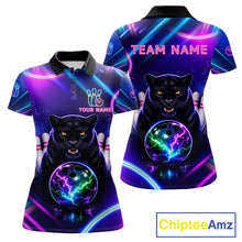 Load image into Gallery viewer, Neon Blue Purple Custom Panther Bowling Shirt For Women, Glowing Bowling Team Jersey Polo &amp; 1/4 Zip TDM6358
