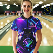 Load image into Gallery viewer, Neon Blue Purple Custom Panther Bowling Shirt For Women, Glowing Bowling Team Jersey Polo &amp; 1/4 Zip TDM6358