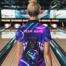 Load image into Gallery viewer, Neon Blue Purple Custom Panther Bowling Shirt For Women, Glowing Bowling Team Jersey Polo &amp; 1/4 Zip TDM6358