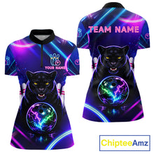 Load image into Gallery viewer, Neon Blue Purple Custom Panther Bowling Shirt For Women, Glowing Bowling Team Jersey Polo &amp; 1/4 Zip TDM6358