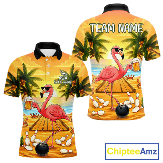 Funny flamingo sunset tropical bowling polo shirt for men with custom bowling team graphics.