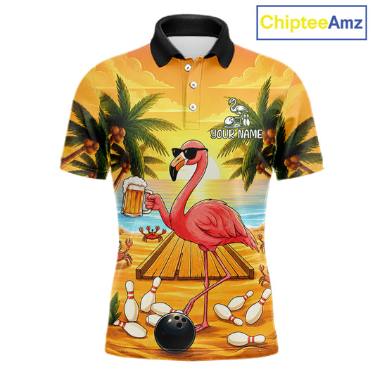 Funny flamingo sunset tropical bowling polo shirt for men with custom bowling team graphics.