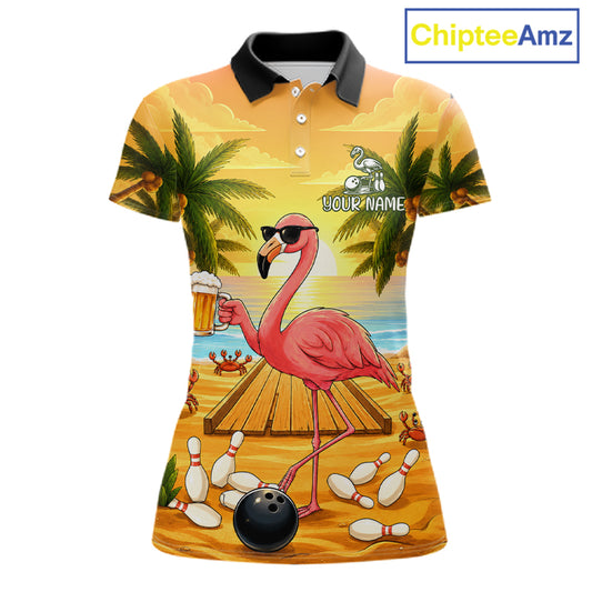 Funny flamingo sunset tropical bowling polo shirt for women with custom bowling team graphics.