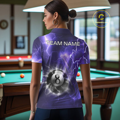 Woman wearing personalized purple thunder lightning 8 ball billiard team jersey polo shirt, back view.