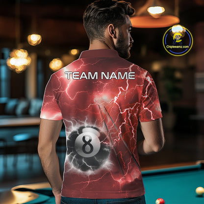 Man wearing personalized red thunder lightning 8 ball billiard team jersey polo shirt, back view.