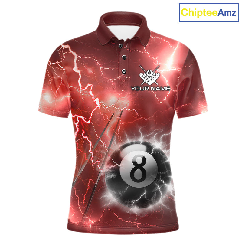 Personalized red thunder lightning 8 ball billiard team jersey polo shirt for men featuring fiery red lightning artwork, premium custom pool team apparel.